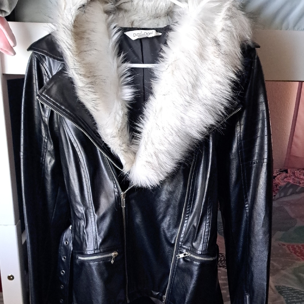 Black Faux Leather Jacket with Fur Collar